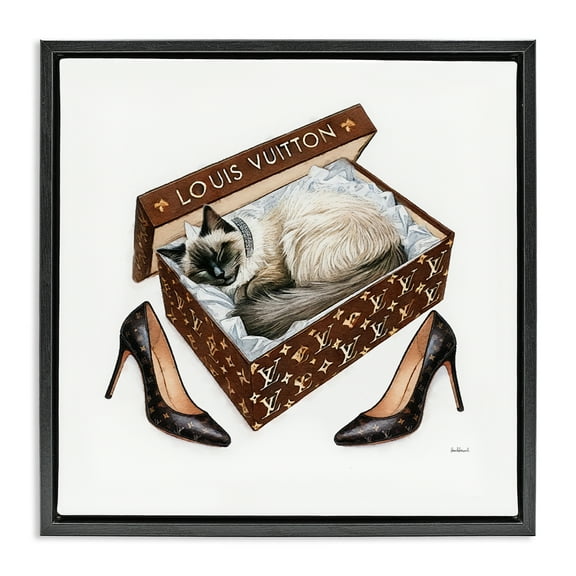 Stupell Industries Kitty Sleeping Heels Box Animals Painting Black Floater Framed Canvas Art Print Wall Art, 18 x 18