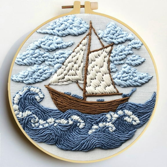 Punch Needle Kits Sailboat and Sea Embroidery Starter Set with Hoop Easy for Beginners DIY Stress Relief Handmade Craft Hobby and Home Decor 20x20cm
