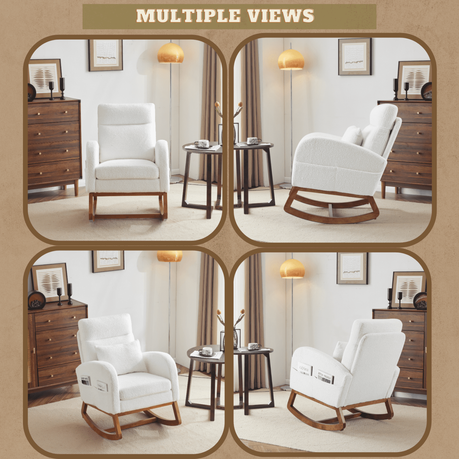 Rocking Chair Nursery with Thick Headrest, Upholstered Mid-Century Modern Nursing Rocker Glider with Curved Armrest, Sturdy Solid Wood Base for Living Room, Bedroom, Baby Room (White Teddy Fleece)