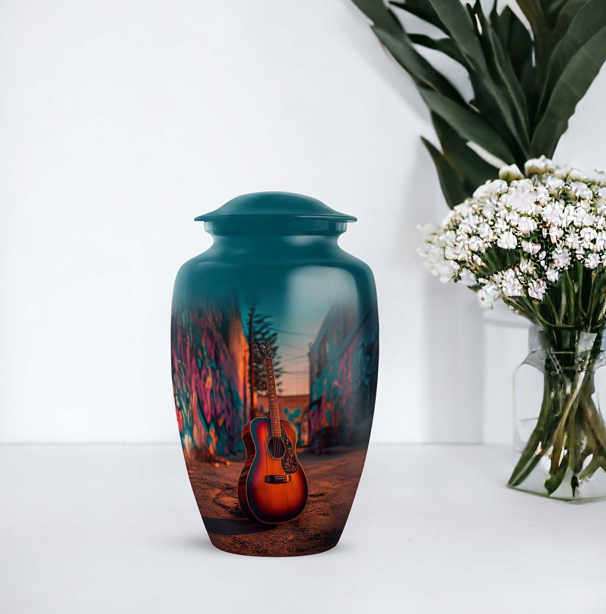 Guitar Keepsake Cremation Urns For Ashes Adult Female Mom And Dad - Pink Urns For Human Ashes Male And Female, 1 Large 10 Inch, With 4 Keepsake Set, 3 Inch - Blue Urn For Boy & Girl