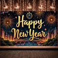thumbnail image 6 of Golden Lettering Happy New Year Banner Fireworks Design New Year Display Clock Tower Pattern City Night Scene Holiday Backdrop for New Year Party New Year's Eve Celebration Holiday Gathering, 6 of 9