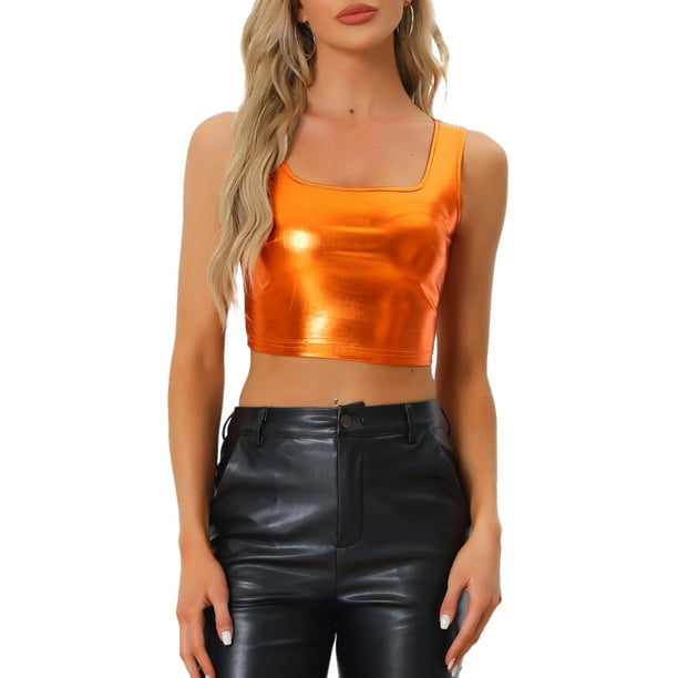 INSPIRAR CHIC Top sin mangas para mujer U Cuello Fiesta Ropa de Club Holográfico Brillante Metálico Top Corto M Naranja