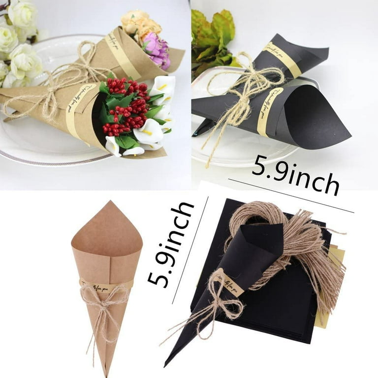 50Pcs Kraft Paper Cones Bouquet Wrapping Paper Cones Wedding Confetti Candy  Gift Flower Paper Cones Holder with Hemp Ropes for DIY Wedding Table Decor