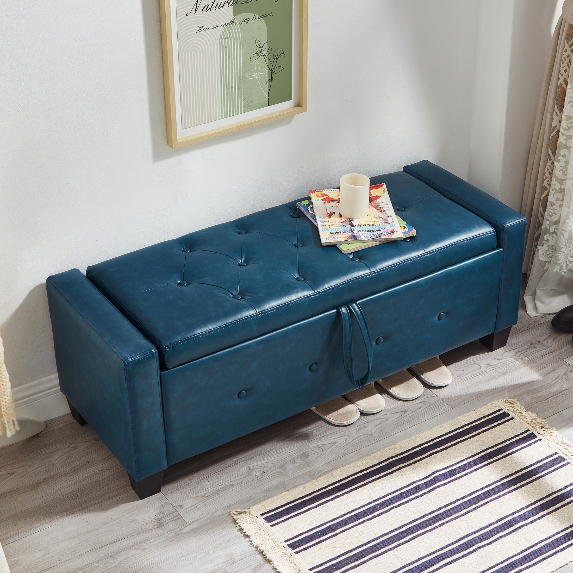 Aukfa 48" Storage Ottoman Bench with Safety Hinges, Upholstered Tufted Faux Leather Bench for Bedroom, Living Room & Entryway, Blue