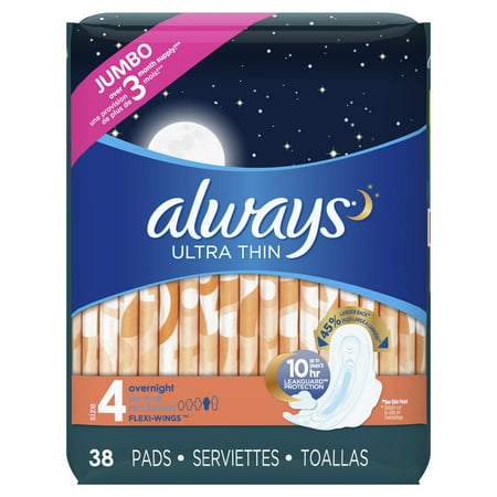 Always Ultra Thin Overnight Pads with Wings, Unscented, Size 4, 38