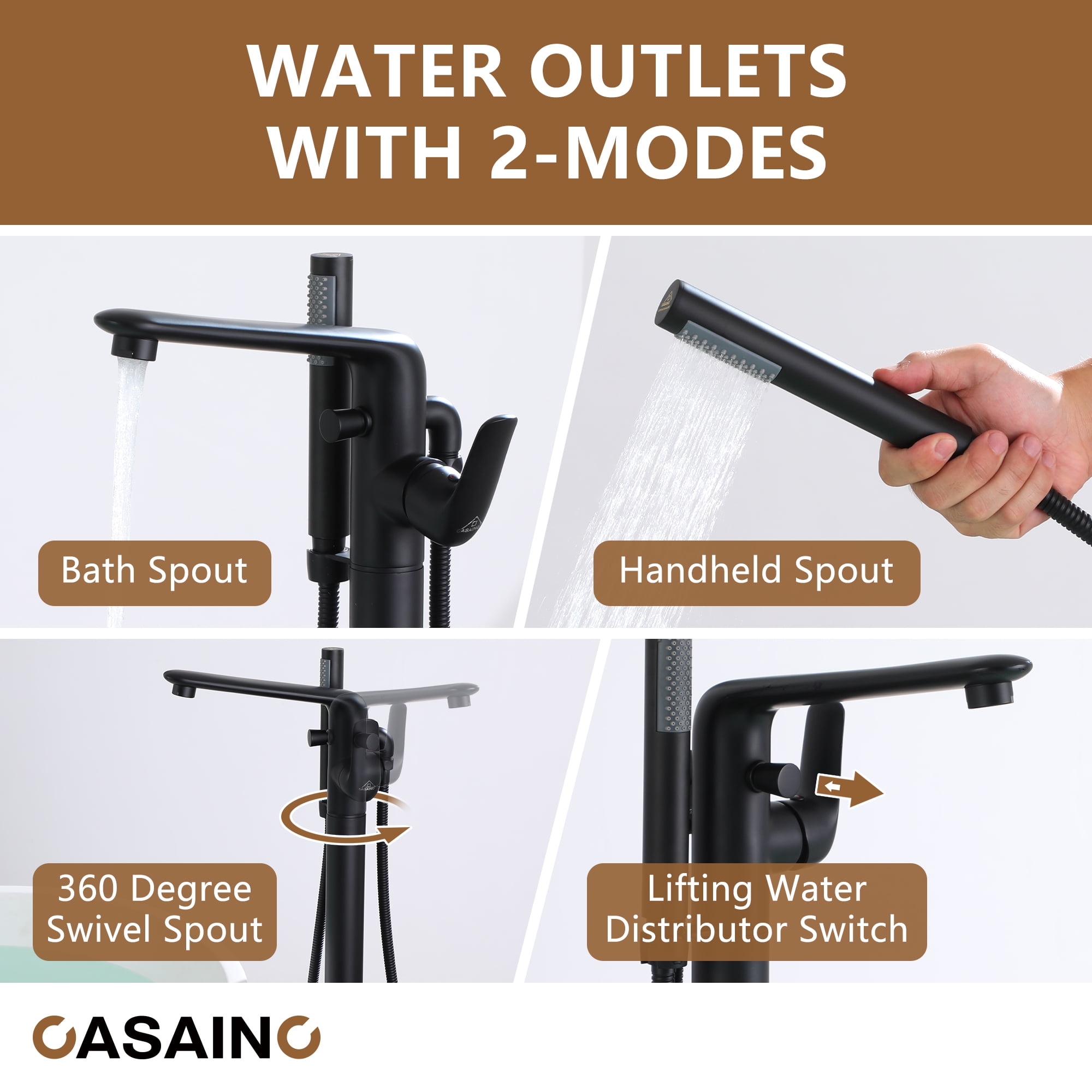 CASAINC Single-Handle Modern Floor Mount Freestanding Bathtub Faucet with Handheld Shower in Matte Black
