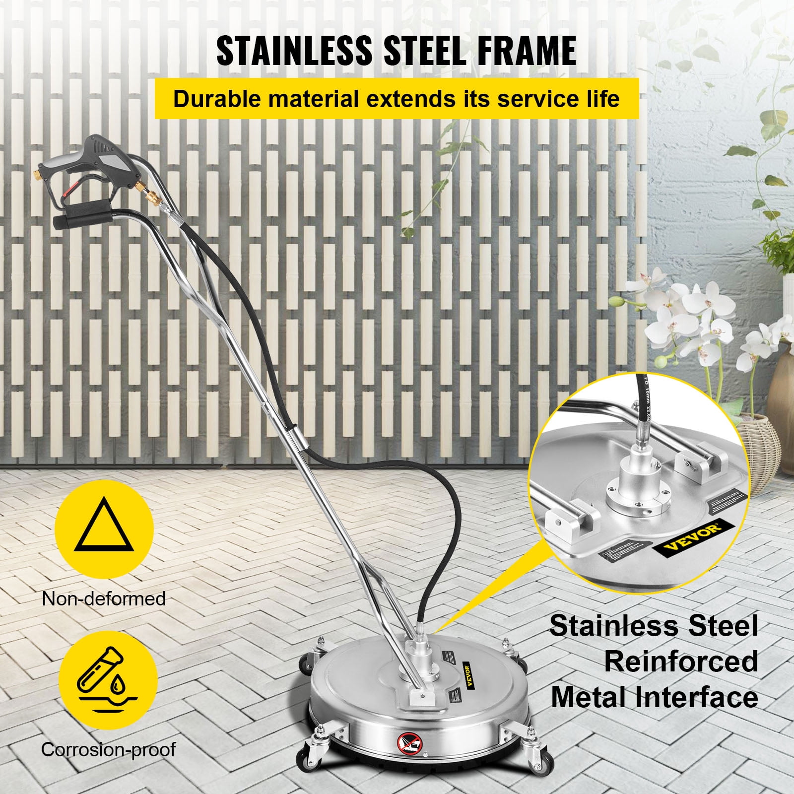 VEVOR 24 inch Surface Cleaner Pressure Flat Surface Cleaning 4000 PSI Max Working Pressure Flat Surface Cleaner Stainless Steel Rotating Surface Cleaner with 3 Nozzle Front Spray Bar