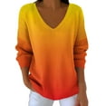 thumbnail image 3 of Feancey Womens V Neck Cotton Sweaters Plus Size Trendy Gradient Print Long Sleeve Pullover Tops Loose Fit Casual Knit Sweater Soft Knitted Jumper Orange 4XL, 3 of 7