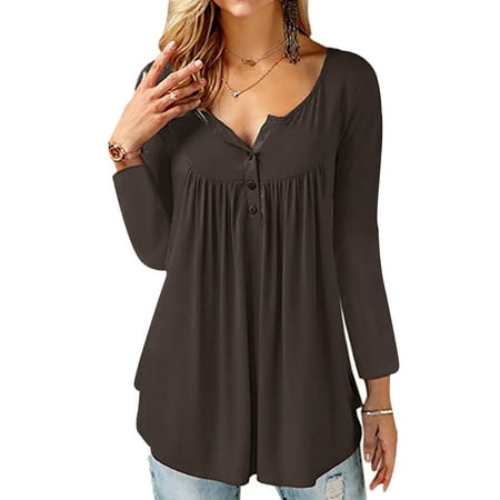 - JustVH Women's Solid Henley V-Neck Casual Blouse Pleated Button Tunic Shirt Top