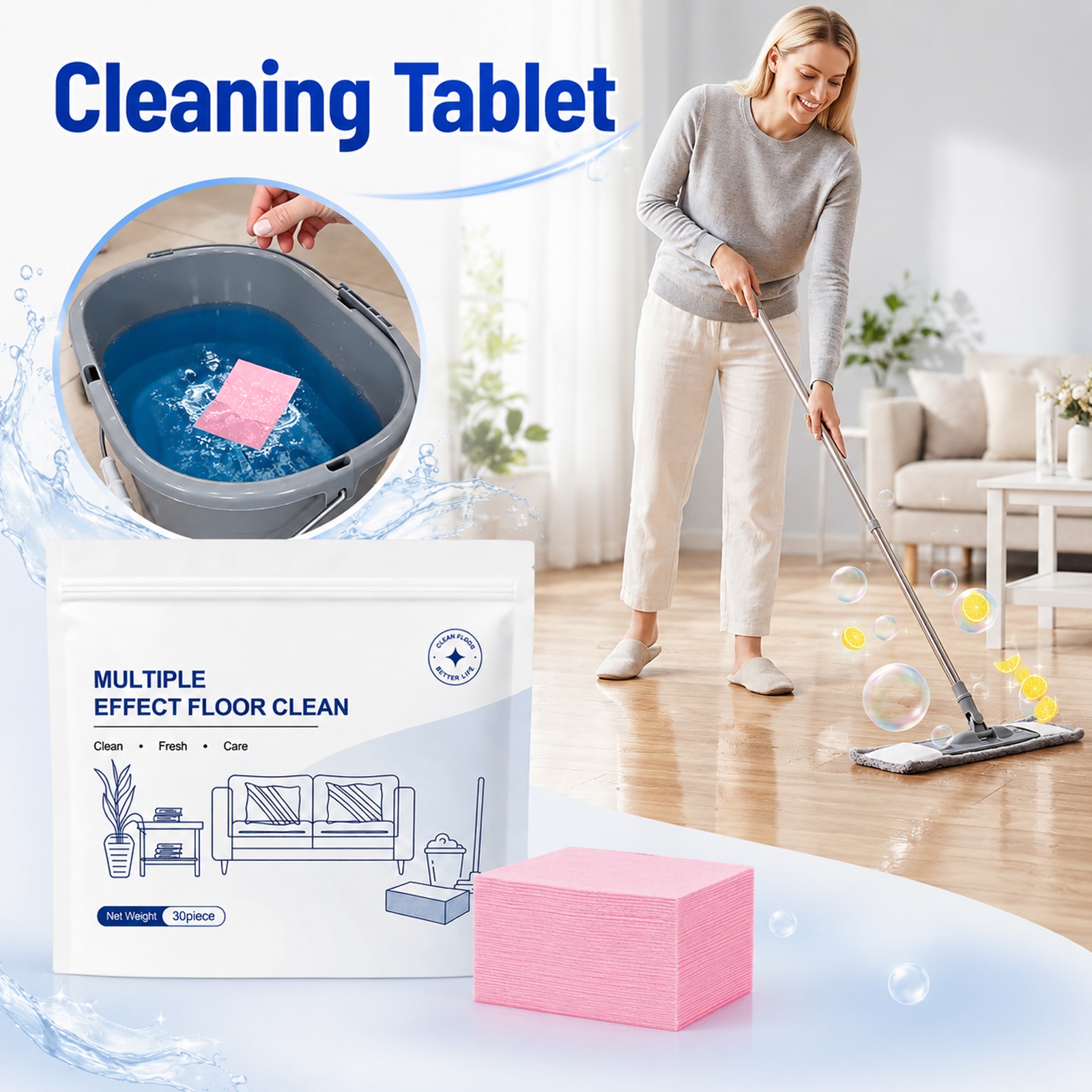 Home Essentials, Multipurpose Cleaner, Active Tablets, Pink Supplies, 30 Count Household Floor Cleaners, Disposable Floor Sheets for Hard Surfaces, Suitable for Regular House and