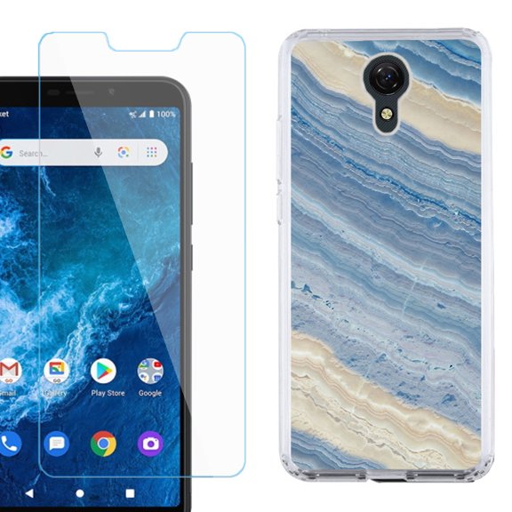 Slim-Fit Protective Phone Case compatible with Cricket Icon 2, with Tempered Glass Screen Protector, by OneToughShield ® - Marble/ Marina Blue