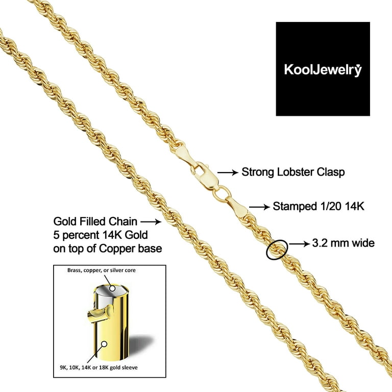 Solid 14k Yellow Gold Filled Rope Chain Necklace (3.2 mm, 22 inch)