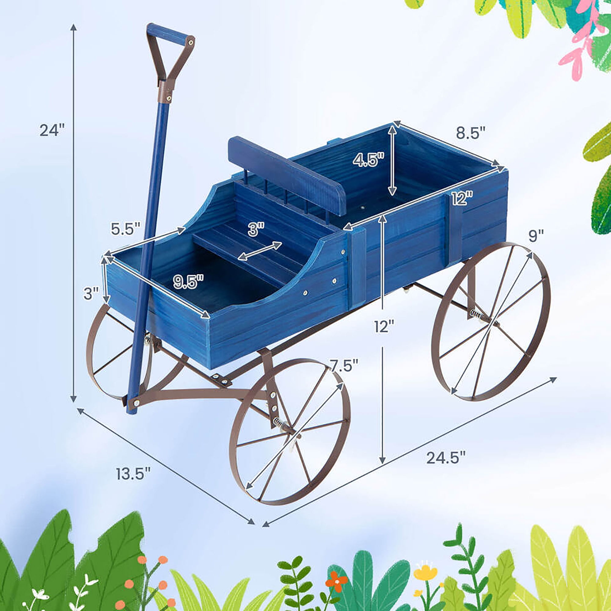 Gymax Wooden Garden Flower Planter Wagon Plant Bed W/ Wheel Garden Yard Blue