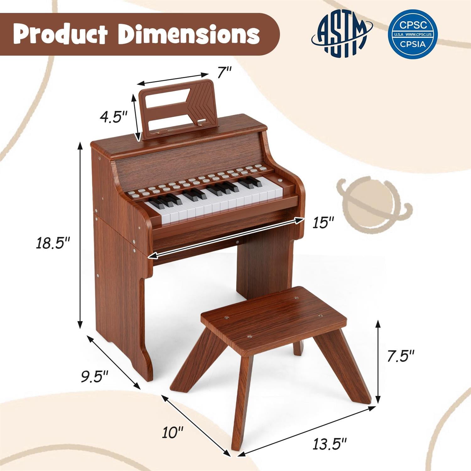 Demi Bonn Brown 25-Key Piano with Stool, Music Enlightenment, Adjustable Speed & Volume, Record/Playback