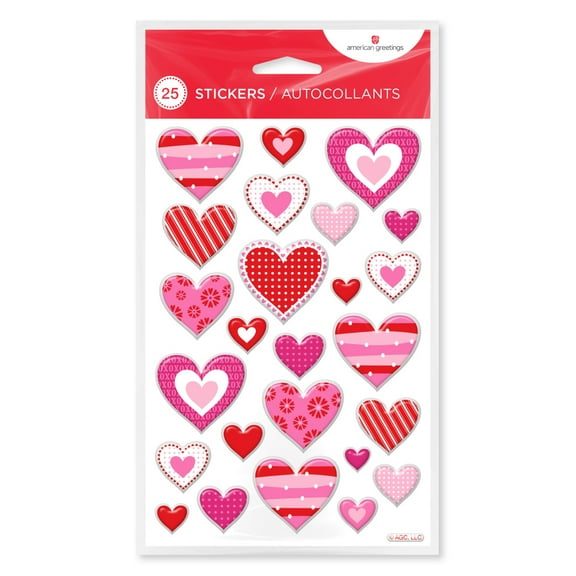 American Greetings Valentine's Day Stickers, Assorted Patterned Hearts (25-Stickers, 1-Sheet)