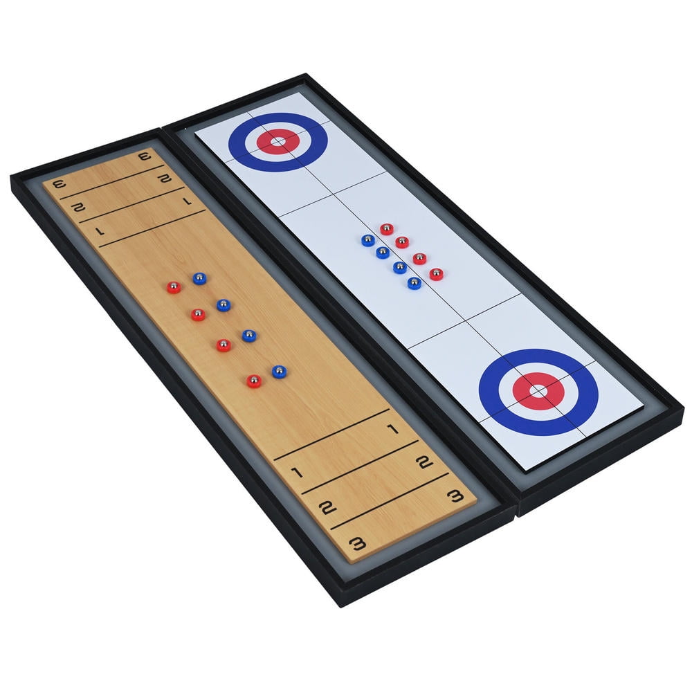 2-in-1 shuffleboard and curling tabletop game board, portable, includes 8 rolling pucks, tabletop size for indoor use