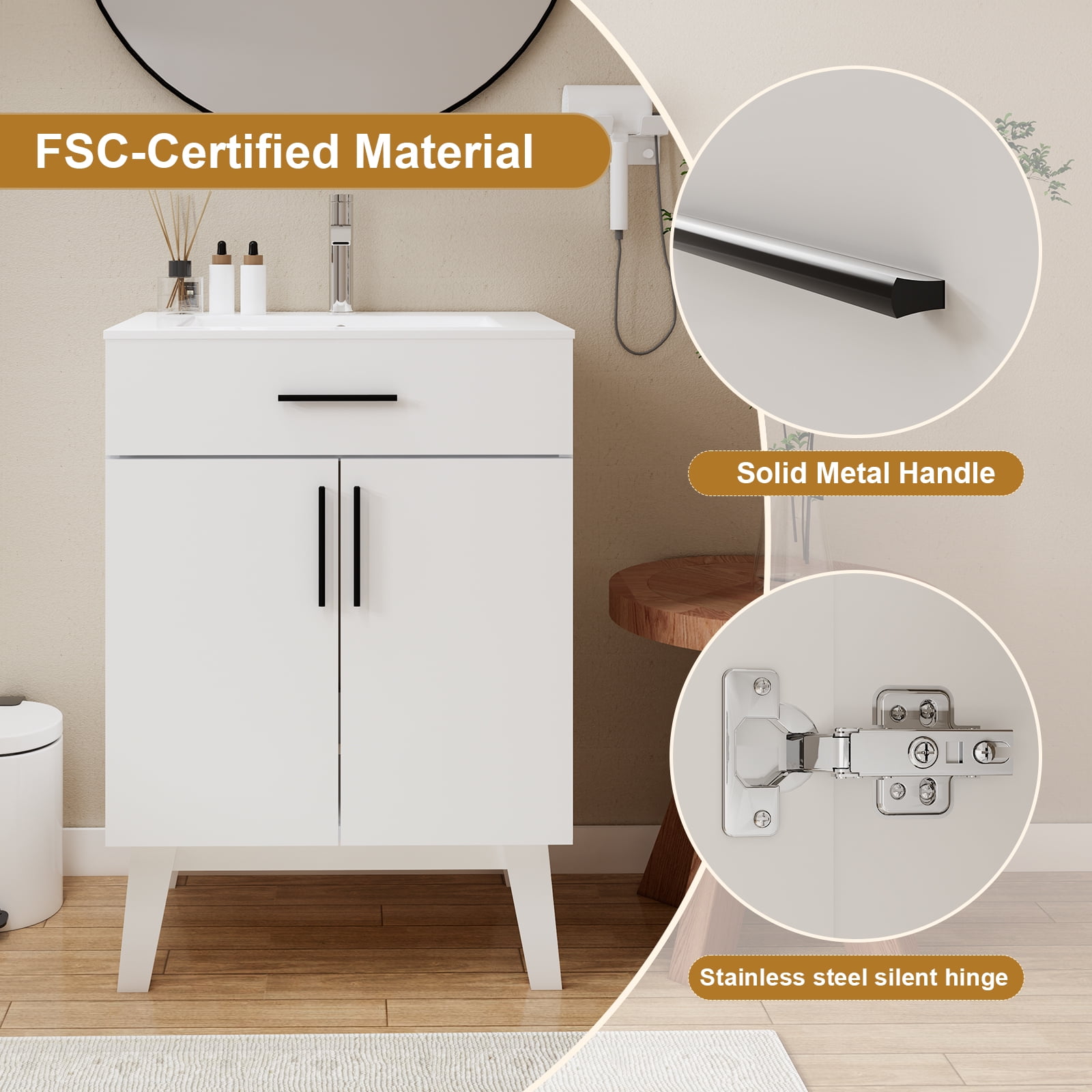 24" Bathroom Vanity with Sink, Vanity Combo with Two Soft Close Cabinet Doors, Modern Single Bathroom Cabinet Set with Metal Handles (White with Sink, 24)