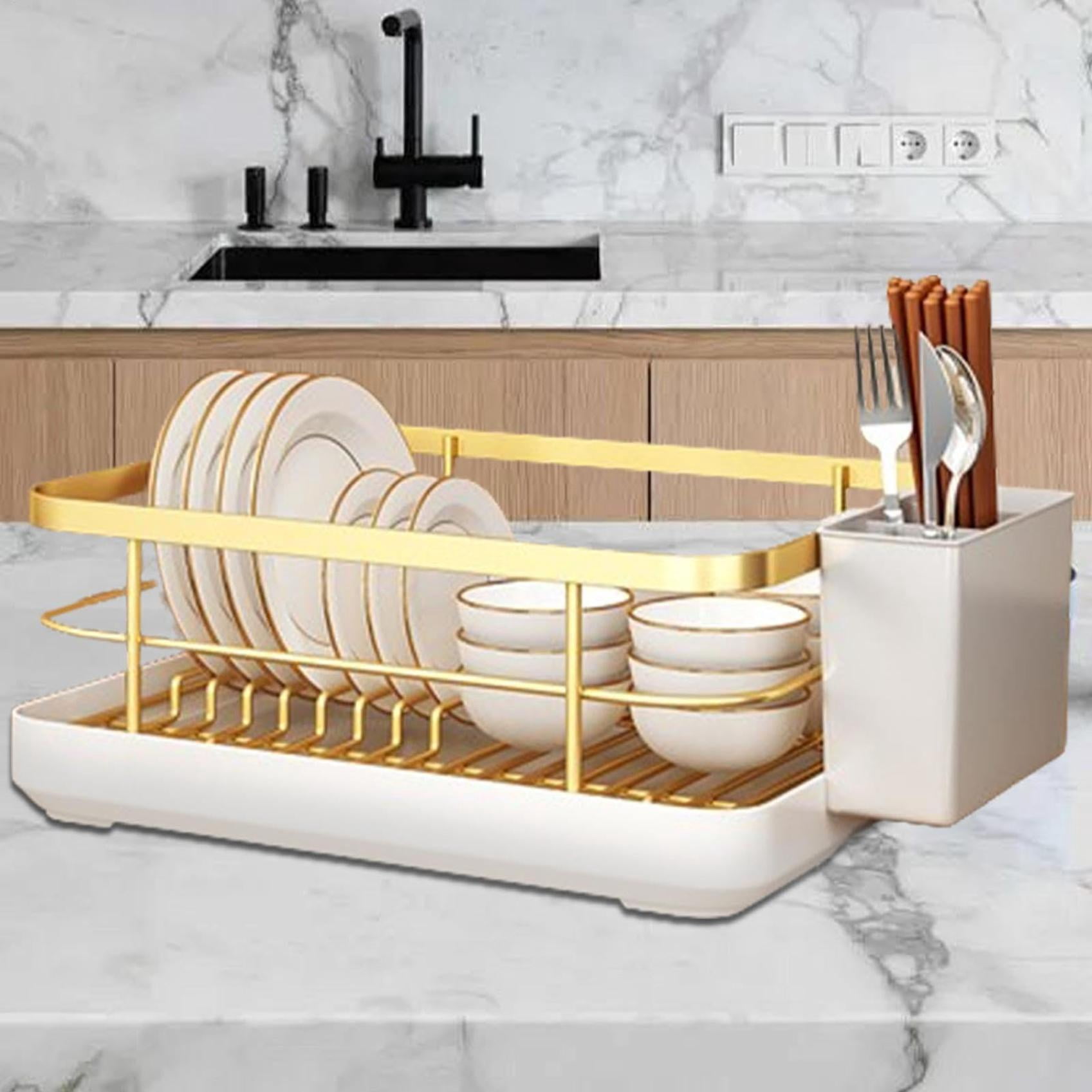 KMWGRE Dish Drying Rack for Kitchen Counter - Cutlery Drainer with Utensil Holder | Dish Organizer, Drying Dish Rack with Tray for Bowls and Plates,13.39''L x 10.24''W x 6.3''H