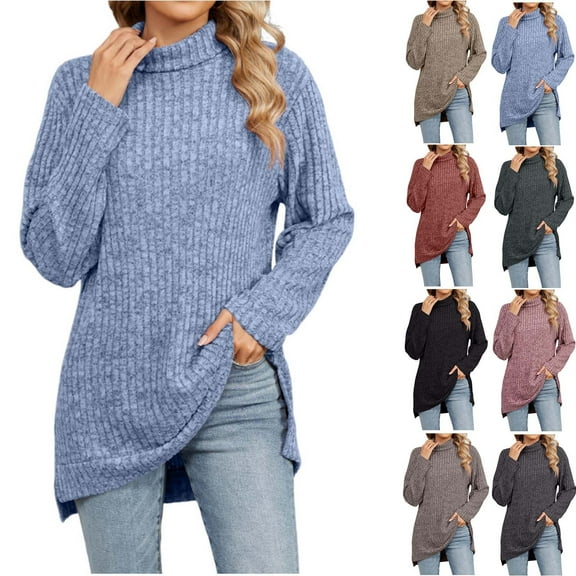 ATOYSOY Long Sleeve Tees Loose Knitted Shirts for Women Trendy Casual Ribbed High Neck Pullovers Outwear Fall Solid Color Side Split Tops Green L