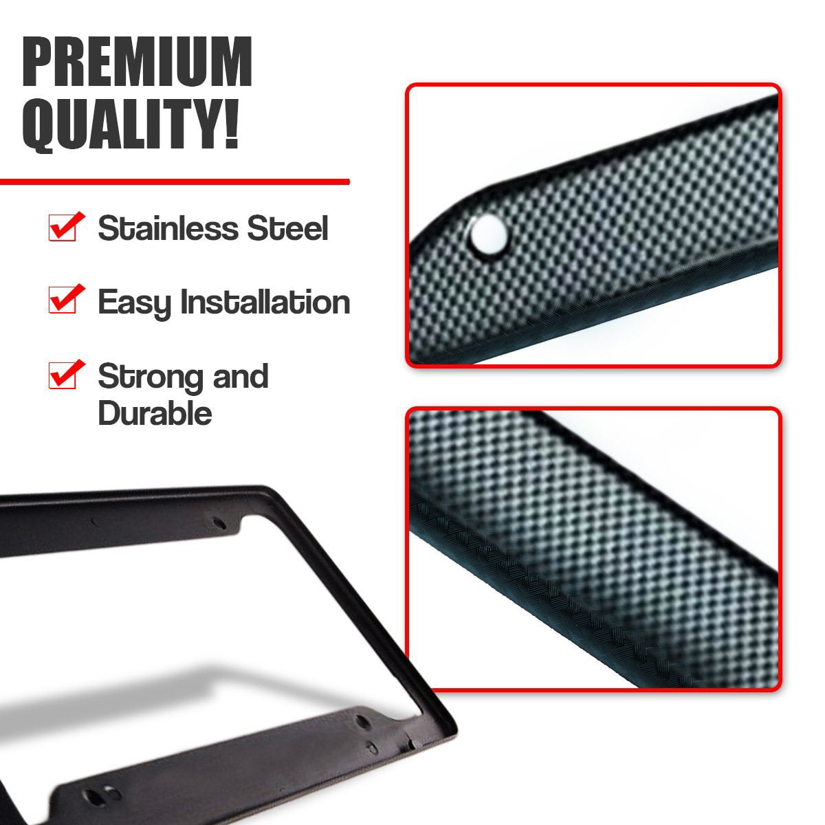 2-Pack Classic Black Premium Quality Standard Fit Novelty/License Plate Frame Zone Tech Carbon Fiber Plastic License Plate Cover Frame 