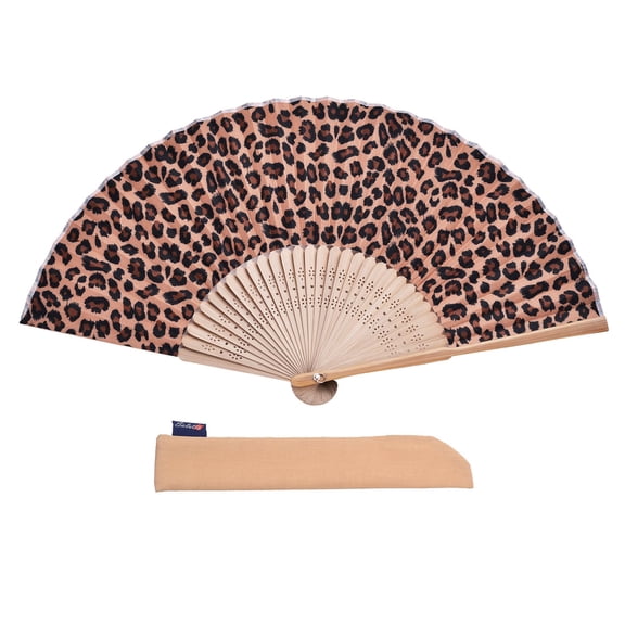 1pc Hand Fan Wild Leopard Foldable 23cm 9inch Bamboo Rid Fan with Slender Cotton Pouch