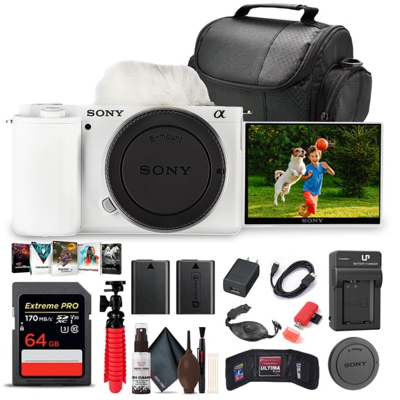 Sony ZV-E10 Mirrorless Camera (Body Only, White) (ILCZV-E10/W)   64GB Card   Photo Software   Bag   NPF-W50 Battery   External Charger   Card Reader   Flex Tripod   More