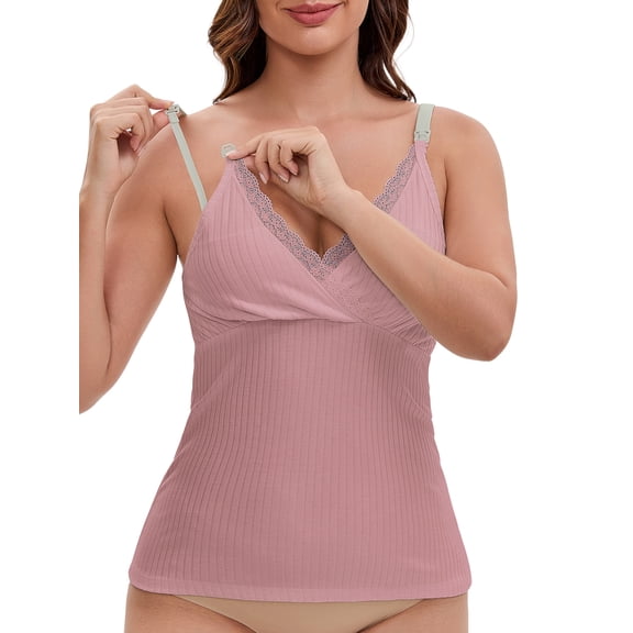 INSPIRE CHIC Women's Crisscross Lace Trim Adjustable Shoulder Straps Maternity Nursing Tops Camisole Padded for Breastfeeding M Pink