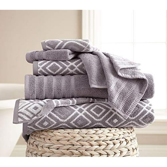 Amrapur Overseas 6-Piece Yarn Dyed Oxford Stripe Jacquard/Solid Ultra Soft 500GSM 100% Combed Cotton Towel Set [Ash Grey]