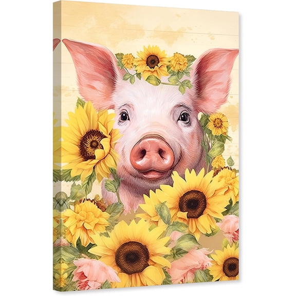 ZHONGYUTONG Pig Canvas Wall Art Funny Piggy Sunflowers Picture Farm Pink Animal Painting for Farmhouse Bathroom Wall Decor Framed (12.00" x 18.00")