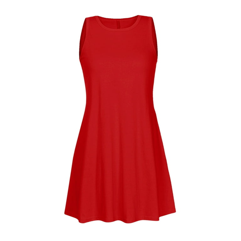 Umfun Women's Tank Top Dress Round Neck Sleeveless Dress Casual Versatile  Pleated Skirt Red L - Walmart.com
