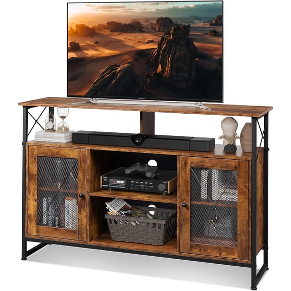TV Stand 55 inch, Tall Entertainment Center with Storage, Farmhouse Industrial TV Console for Bedroom Living Room, Rustic Brown