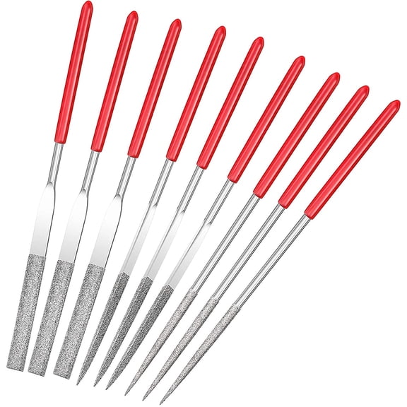 OWNTIDE 9-Piece Diamond Needle File Set for Miniatures: Round, Flat & Triangular Metal Files for Resin, Plastic & Metal Models, Soft Grip Handle