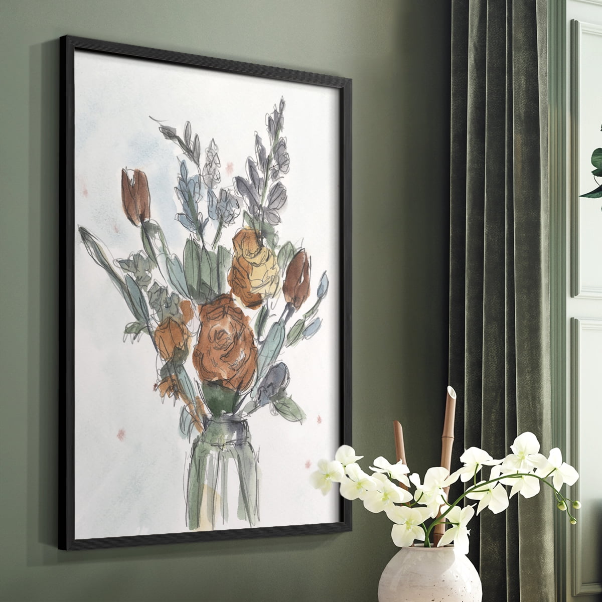 Watercolor Floral Arrangement II Framed Print in Black Solid Wood 16 x 20 Framed Print