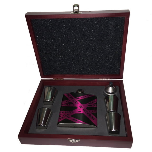 KuzmarK 6 oz. Stainless Steel Flask Set in Rose Wood Presentation Box -  Police Line Do Not Cross