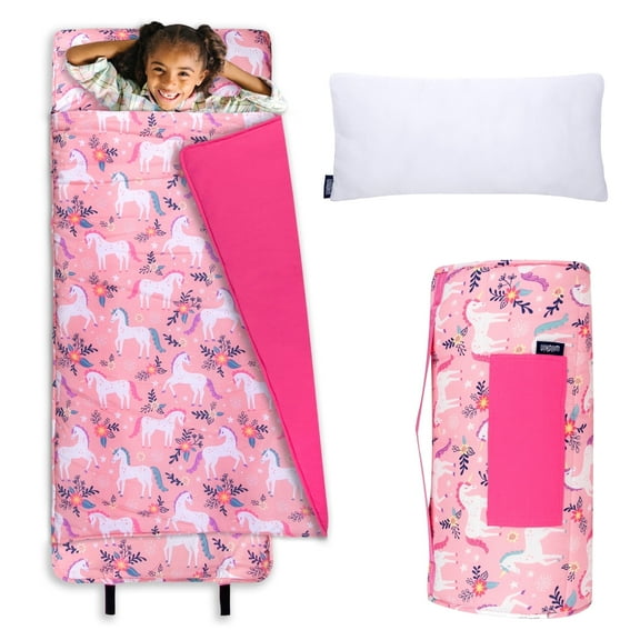 Wildkin Original Nap Mat with Pillow for Boys and Girls, Features Hook and Loop Fastener, Roll-Up Design, Soft Cotton Blend Materials (Magical Unicorns Pink)