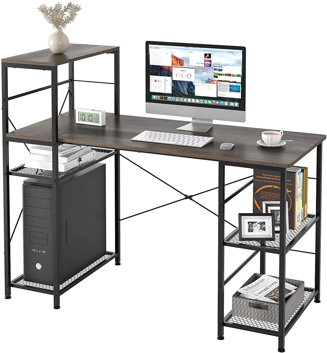 Industrial Computer Desk with Storage Shelves, 52" Writing Desk with