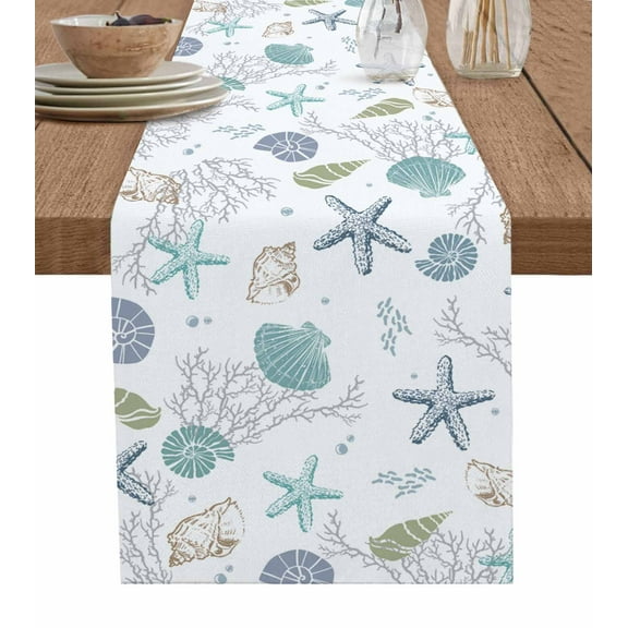 Hokiten Table Runners 48 Inches Long Dress Scarves, Ocean Coastal Farmhouse Kitchen/Dining Table Runner, Short Coffee Tablerunners, Nautical Starfish Seashells Coral Conch 13x48 Inch