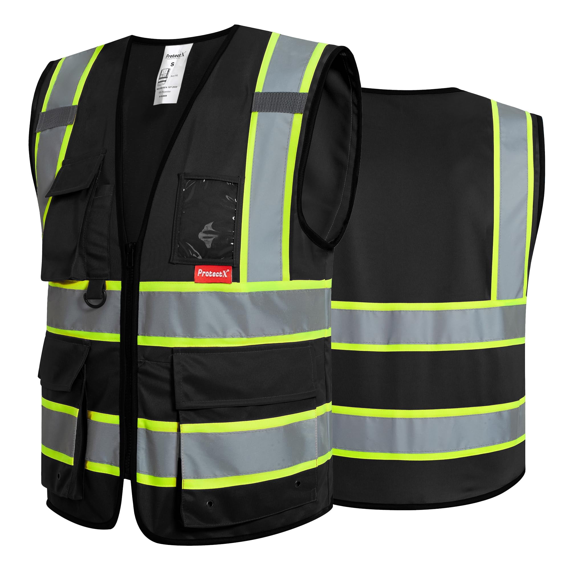 ProtectX Hi Vis Reflective Safety Vest for Men Women High Visibility Construction Work Vest with Pockets Zipper Class 2 Black 4X-Large