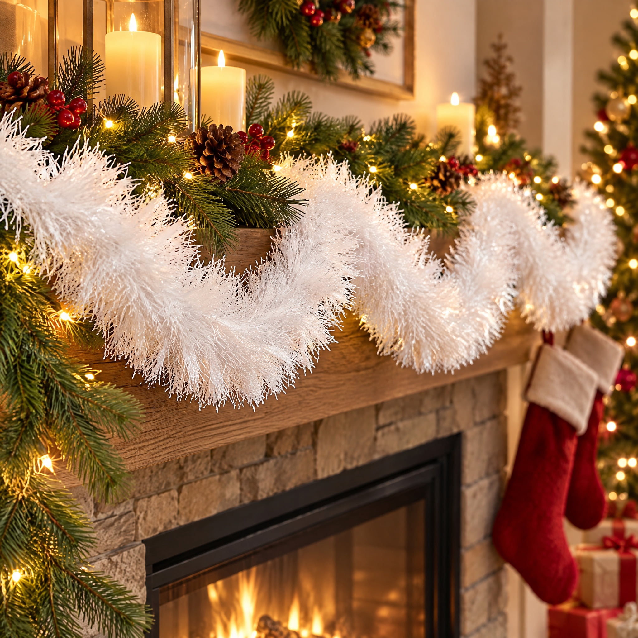 Tinsel Christmas Garland, Snowblush White, 12', by Holiday Time