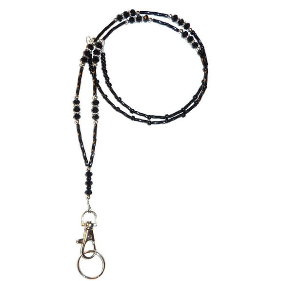Hidden Hollow Beads Black Crystal Women's Beaded Fashion Lanyard Necklace, Jewelry ID Badge and Key Holder, 34 in.