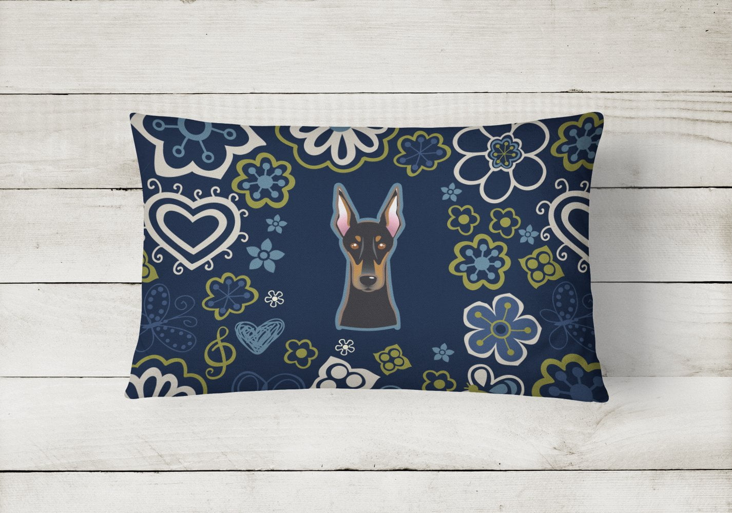 Carolines Treasures BB5096PW1216 Blue Flowers Doberman Pinscher Canvas Fabric Decorative Pillow