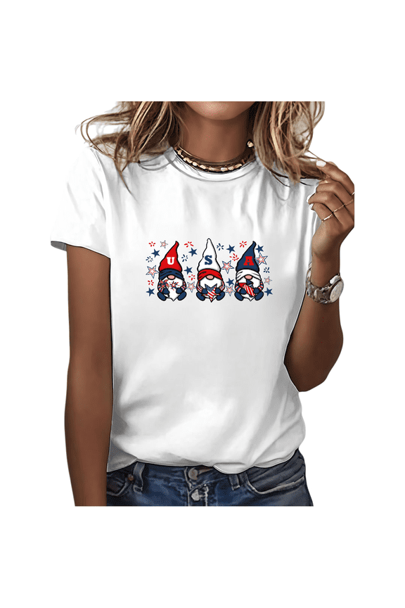 Women's 4th of July USA Patriotic Gnomes Graphic Short Sleeve Crewneck Casual Loose Fit Cotton T-Shirt S-5XL