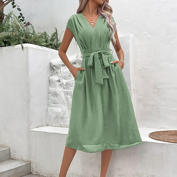 Puntoco Vestido Sencillo De Verano Con Cordones En La Cintura Y Manga Voladora, Vestido Largo De Manga Corta Con Cuello Redondo, Verde Menta M,Regalos Para Mujer Joven