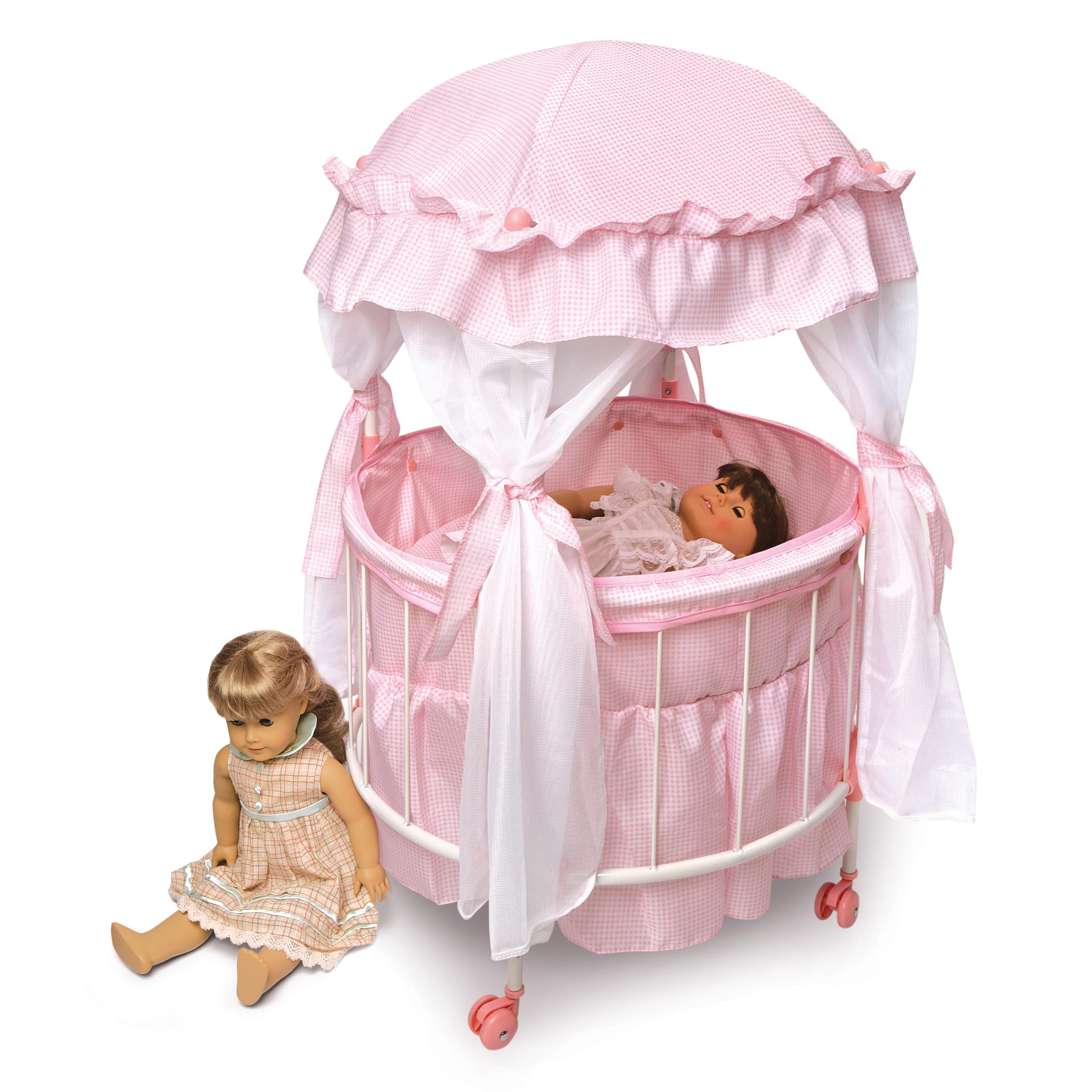 Royal Pavilion Round Doll Crib with Canopy and Bedding - Pink/White