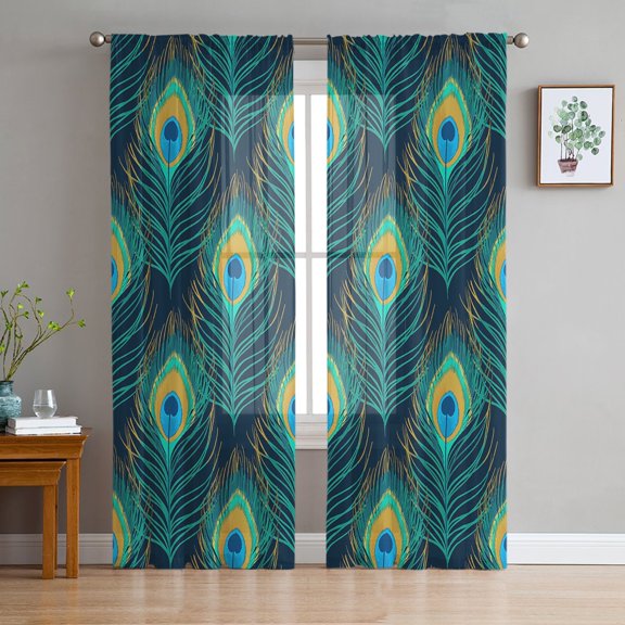 Peacock Feather White Print Sheer Window Panel Curtains Room for Living Room Bedroom Kitchen Room Chiffon Tulle Curtains