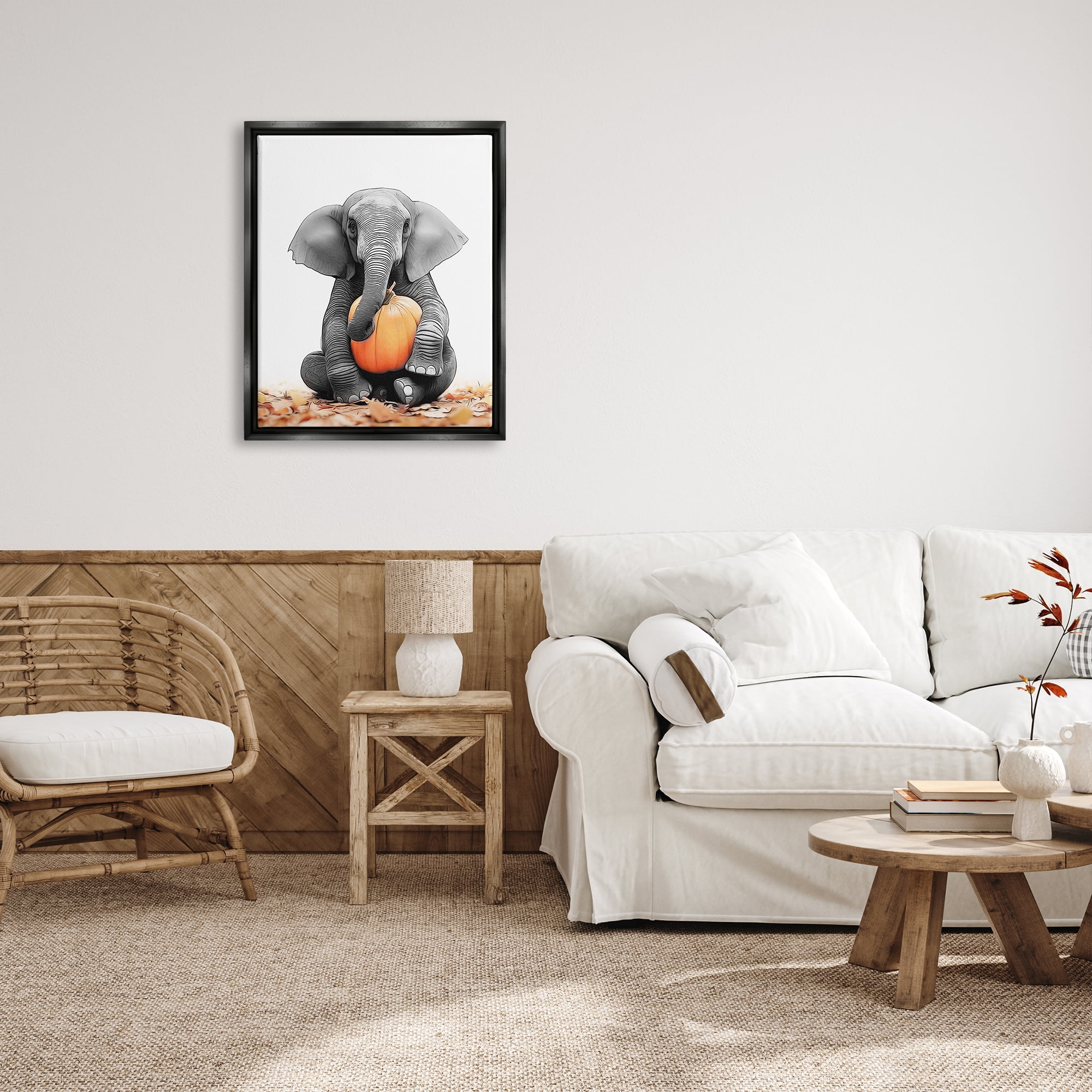 Stupell Industries Elephant in Autumn Leaves Holiday Painting Black Floater Framed Canvas Art Print Wall Art, 25 x 31