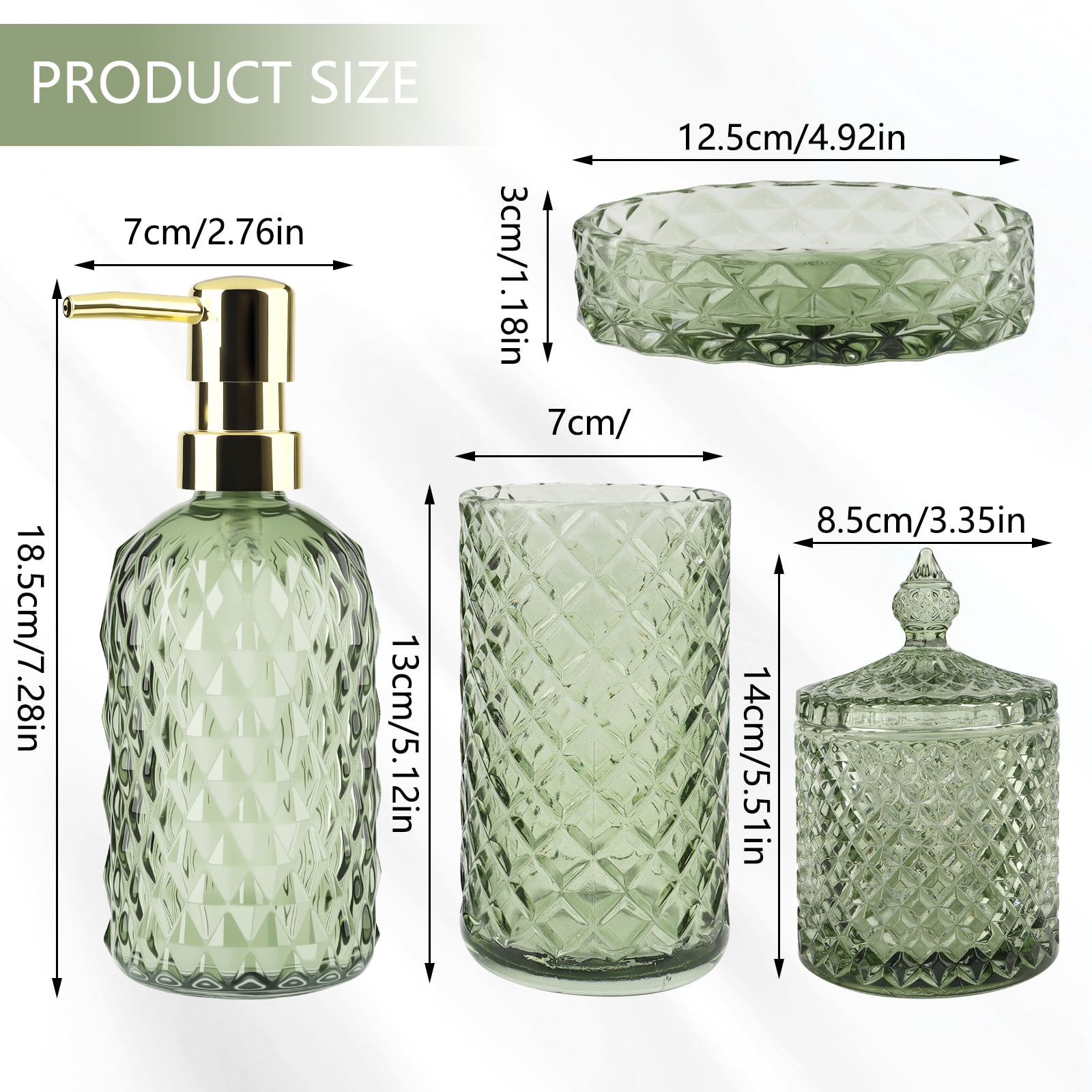 5PCS Bathroom Glass Soap Dispenser Set, Includes 2 Cotton Swab Jars, Cup, Soap Dish, Soap Dispenser, Bathroom Accessories, Green