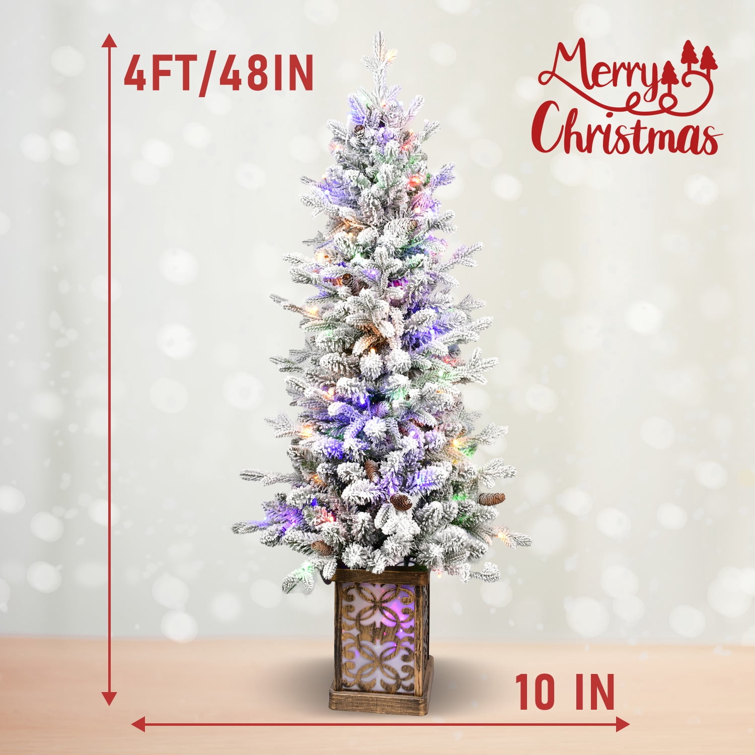 4 Ft Flocked Christmas Tree with Multicolour LED Lights, 396 Tips, Glitter Base, 100 Lights, PE/PVC Tips with Pine Cones, Light-Up Colorful Basin, Easy Assembly Holiday Decor