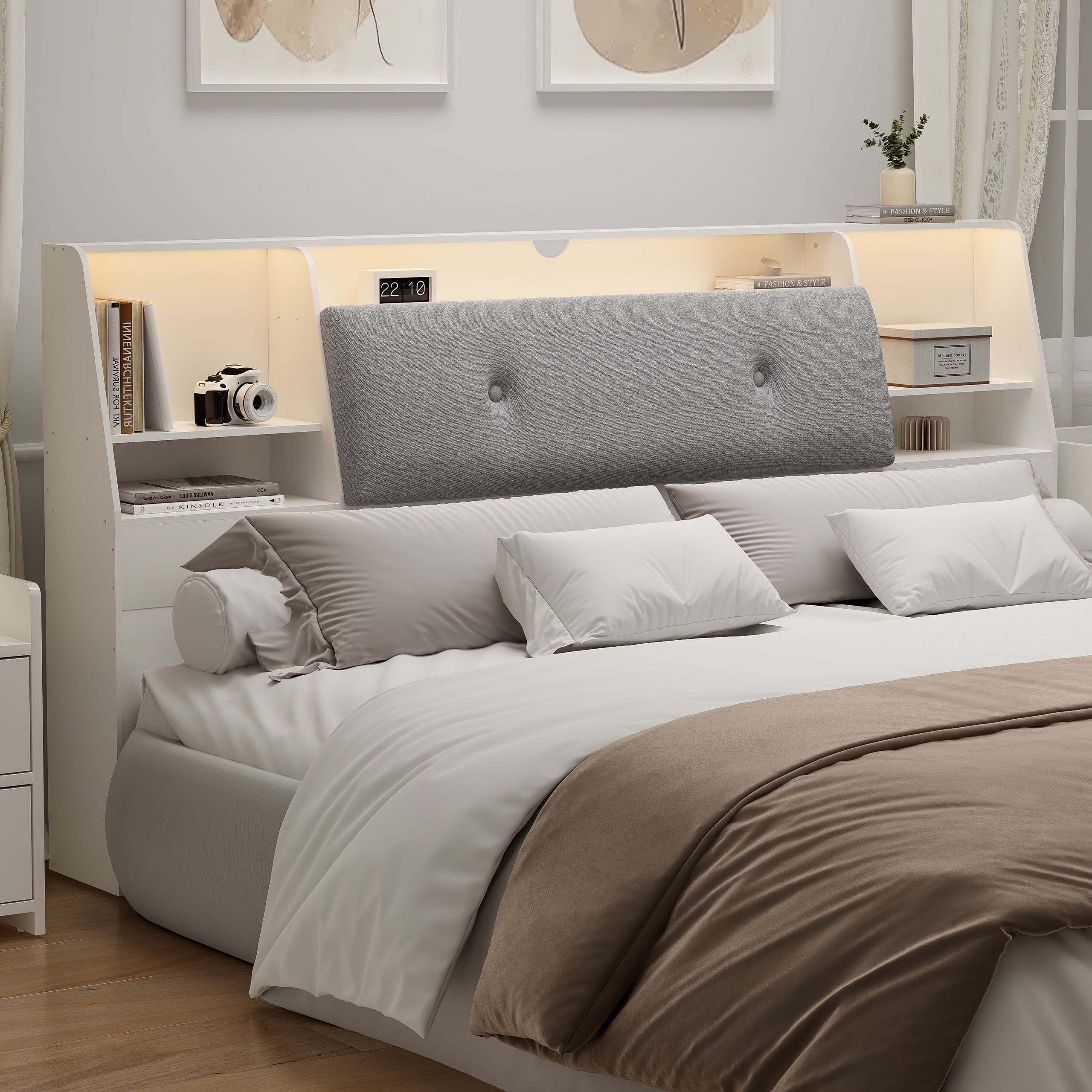 Someet 2 in 1 King Size Removable Upholstered Bookcase Headboard with 2 USB & 2 Type-C Port & Power Outlets & LED Light, White