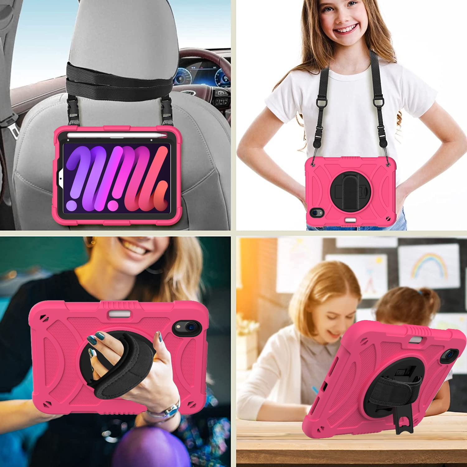 Allytechgroup kids Case for Apple iPad Mini 7 A17 Pro Case iPad Mini 7th/6th Generation Case 2024/2021, Military Grade Drop Protection with Hand/Shoulder Strap Rotating Stand Pencil Holder, Rose
